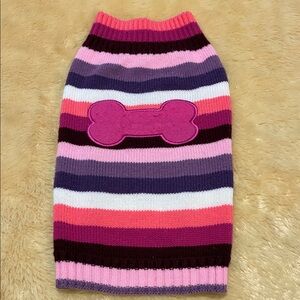 Striped Pink & Purple Acrylic Dog Sweater with Bone Patch Size M